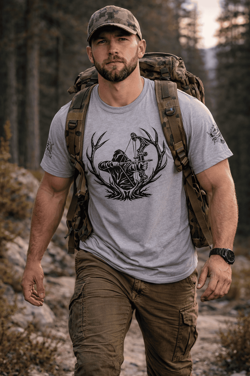 Bowhunter Graphic T-Shirt with Sleeve Designs